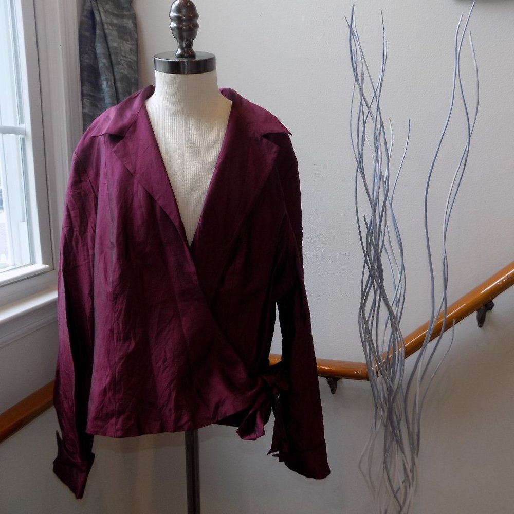 KATE HILL Burgundy Wrap Blouse Shirt Plus Size 16 100% Silk